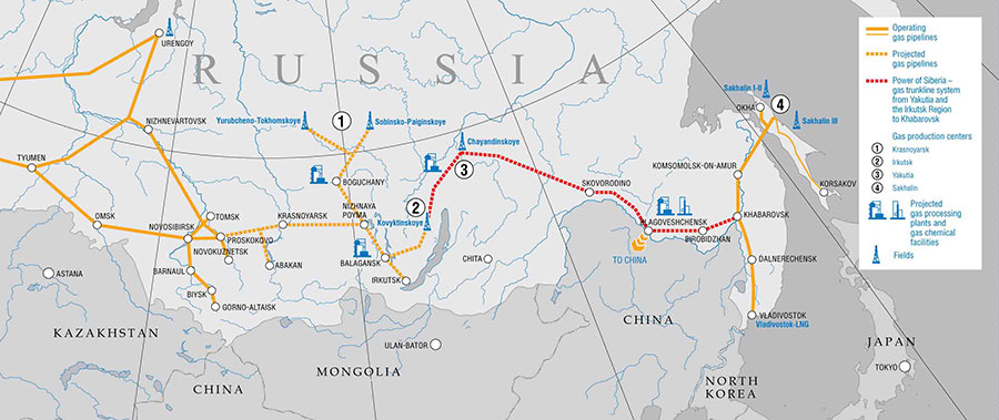 Fig. 7 : Les gazoducs existants et en projet entre la Russie et la Chine – Source : Gazprom