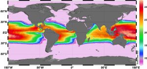 Fig. 8 : Différences de températures annuelles moyennes entre les profondeurs de 20 m et 1000 m (°C – palette de 15 à 25) – Source : G. Nihous, Mapping available Ocean Thermal Energy Conversion resources around the main Hawaiian Islands with state-of-the-art tools, Journal of Renewable and Sustainable Energy, 2, 043104, 1-9, 2010 (en anglais) ; http://dx.doi.org/10.1063/1.3463051