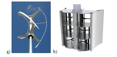 Fig. 3 : a) Eolienne verticale Turby, b) hydrolienne à flux transverse Hydroquest