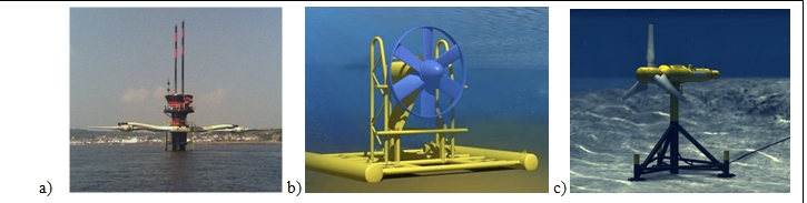 Fig. 4 : a) Hydrolienne UK MCT Seagen sur pile UK, b) immergée Sabella Fr., c) Alstom TGL Fr.