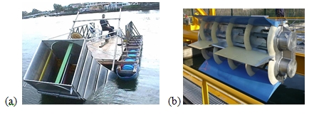 Fig. 9 : Turbine carénée à flux transverse a) DHVT Tidal Energy Ltd Aus. , b)Hydroquest-Ethic Fr.