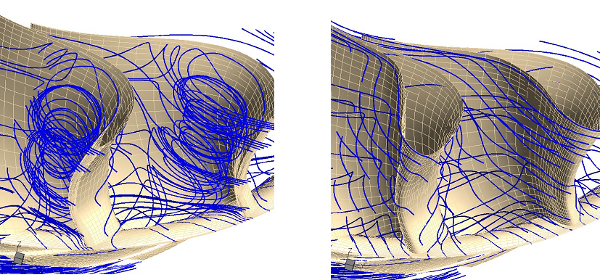  Fig. 6 : High nED flow pattern for classical (left) and optimised (right) runner 