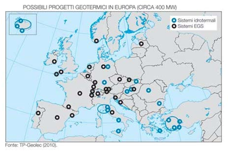 Fig. 9 : Possibli progetti geomtermici in europa