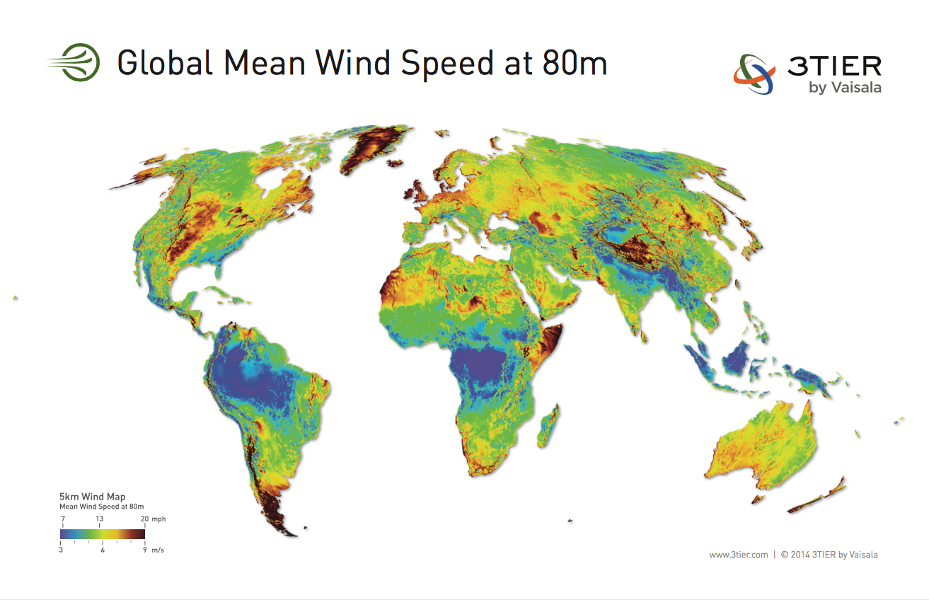 Fig. 1 : Modélisation du vent. Carte globale de la vitesse moyenne du vent à 80m de hauteur publiée par World Wind Energy Association – Source: 3TIER, www.3tier.com