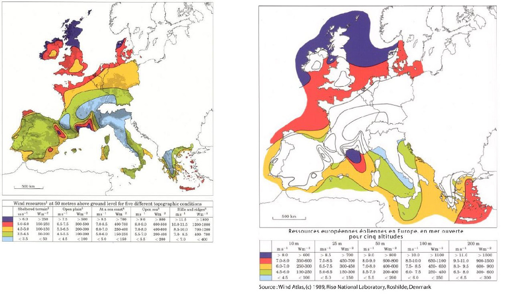 Fig. 2 : Atlas européen du gisement éolien terrestre et offshore réalisé en utilisant le logiciel de modélisation des écoulements WAsP, Laboratoire RISOE. – Source : http://www.windatlas.dk/Europe/About.html