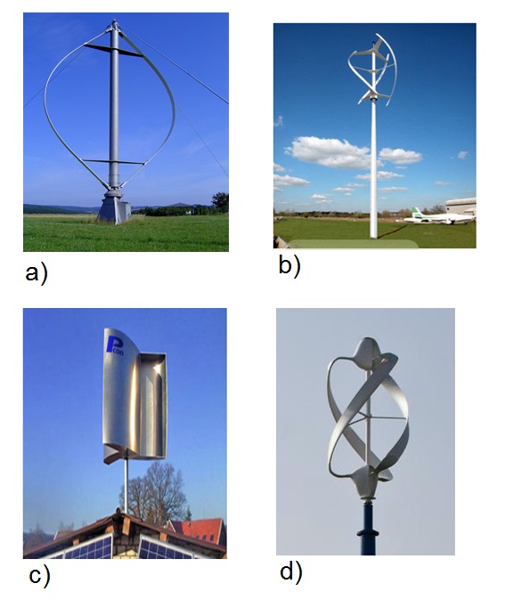 Fig. 8 : a) et b) deux éoliennes du type Darrieus,c) une éolienne type Savonius, d) une éolienne combinant les technologies Darrieus et Savonius – Source : http://ulm5305.phpnet.org/wp-content/uploads/2018/09/art088_figure8_eoliennes-Darrieus-Savonius.jpg