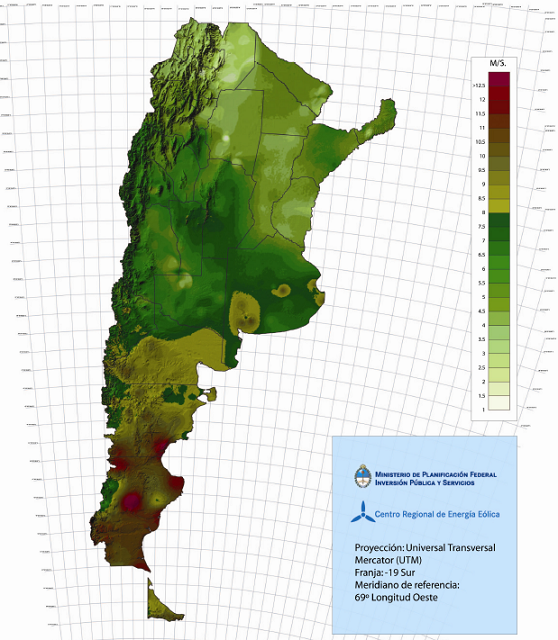 Fig. 6 : Carte du potentiel éolien en Argentine. Les différentes couleurs représentent la vitesse annuelle moyenne du vent à 50 mètres d’altitude - Source : Centro Regional de Energía Eólica