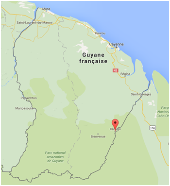 Fig. 1: Localisation du village de Camopi et mise en évidence de son isolement – Source : Google maps