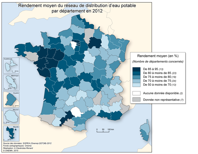 Fig. 1: Rendement moyen du réseau de distribution d'eau potable par département en 2012. Source : EauFrance