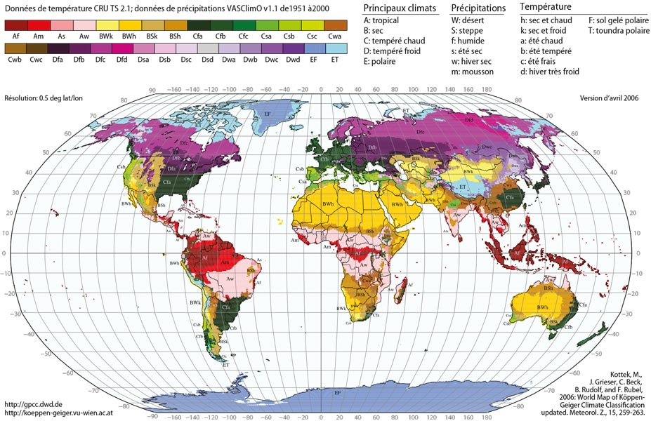 Fig. 1 : Carte de répartition des différents climats définis selon la classification de Köpen-Geiger. - Source : M. Kottek et al. (2006). Reproduced by permission of F. Rubel/Institute for Veterinary Public Health, Vienna, Austria, in « Climats - Passé, présent, futur », M-A. Mélières et C. Maréchal, Ed.Belin 2015. http://koeppen-geiger.vu-wien.ac.at/present.htm