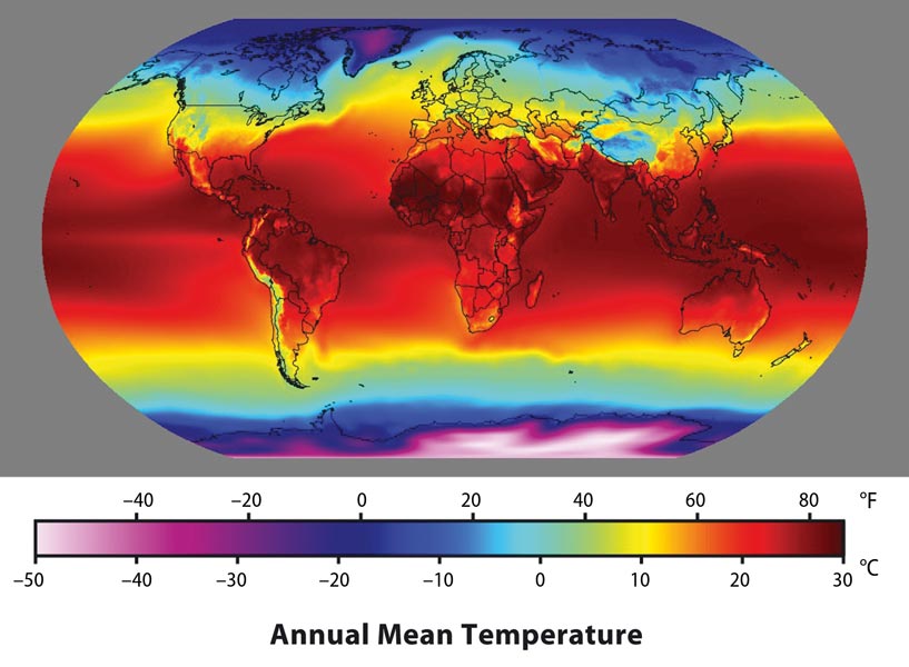 Fig. 2 : Répartition de la température annuelle à la surface de la Terre, moyennée sur la période 1961-1990. Cette carte a été obtenue en combinant les données continentales (Mark et al. 2000) avec les données maritimes (Reynolds et al. 2002) et les données de la réanalyse 2.5°CNCEP/NCAR version1 (Kalnay et al. 1996). - Source : Image created by Robert A. Rohde/Global Warming Art/CC-BY-SA-3.0/GFDL. L’évolution mois par mois de la température de surface de l’air, moyennée sur la période 1959-1997, est présentée sur le site http://geog.uoregon.edu/envchange/clim_animations/flash/tmp2m.html