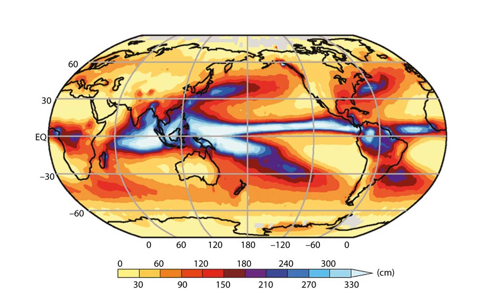 Fig. 4 : Moyenne annuelle des précipitations observées (en cm), d’après le CMAP (Climate Prediction Centre Merged Analysis of Precipitation). Cette moyenne est basée sur la climatologie correspondant à la période 1980-1999. Il n’existe pas de données disponibles dans les régions en grisé. - Source : IPCC 2007. Climate Change 2007 : The Physical Science Basis. Working Group I Contribution to the Fourth Assessment Report of the Intergovernmental Panel on Climate Change, Fig. 8.5. Cambridge University Press.L’évolution mois par mois des précipitations, moyennées sur la période 1959-1997, est présentée sur le site http://geog.uoregon.edu/envchange/clim_animations/flash/prate.html