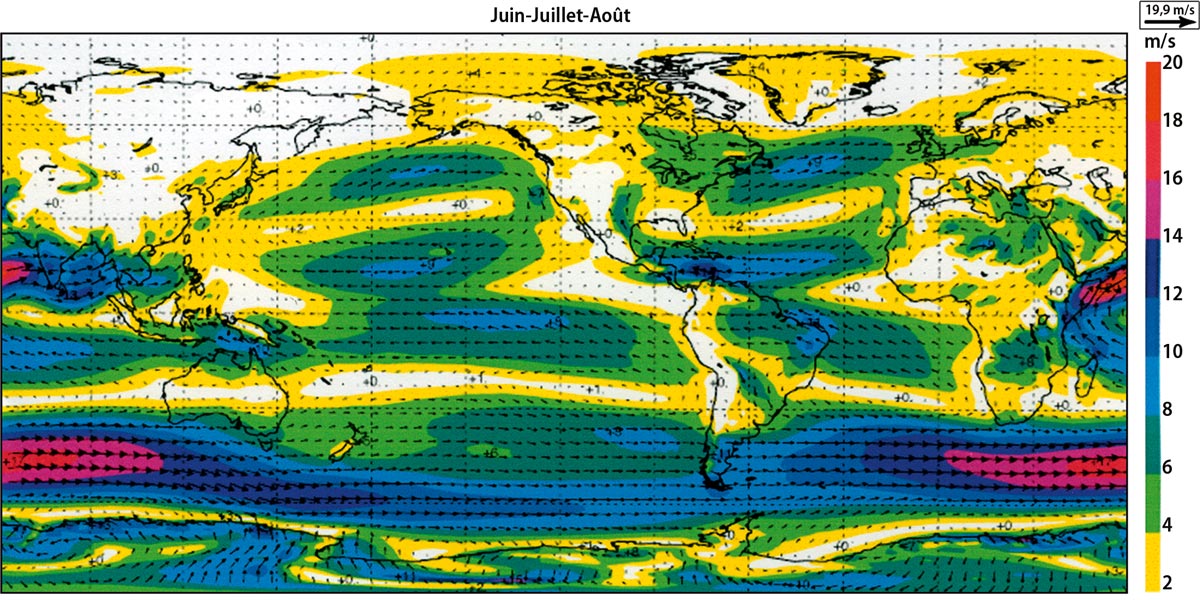 Fig. 5 : Répartition moyenne des vents à l’altitude 1500 m au dessus du niveau de la mer (850 hPa) d’après la reconstitution d l’ « European Centre for Medium-Range Weather Forecasts ». Haut : moyenne sur décembre, janvier, février. Bas : moyenne sur juin, juillet, août. - Source : Reproduced by permission of ECMWF in « Climats - Passé, présent, futur », M-A. Mélières et C. Maréchal, Ed. Belin 2015.