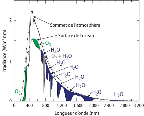 Fig. 9 : Flux du rayonnement solaire incident en fonction de la longueur d’onde, reçu au sommet de l’atmosphère puis au niveau de l’océan, exprimé en W.m-2.nm-1 (traits noir). L’écart entre ces deux courbes est dû à la réflexion du rayonnement solaire par l’atmosphère (principalement due la diffusion par l’air et à la réflexion par les nuages) et à l’absorption par certains composés. L’atmosphère laisse passer la plus grande partie de ce rayonnement qui est centré sur 0,5 μm. Seuls la vapeur d’eau (bleu) et l’ozone (vert) l’absorbent de façon non négligeable. En pointillé est indiqué le flux rayonné par le corps noir à la température de 5900 K, une température proche de celle de la surface du Soleil.