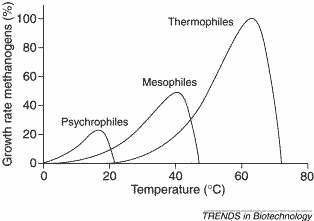 Fig. 5 : Taux de croissance des bactéries méthanogènes en fonction de la température - Source : http://www.cell.com/cms/attachment/549851/3899556/gr1.jpg