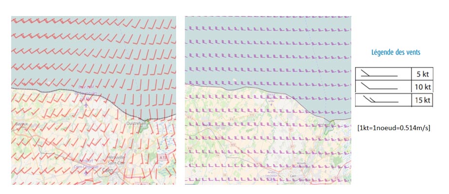 Fig. 4 : Carte des vents Corseulles-sur-Mer à quelques dizaines de mêtres (à gauche) et plus de 450m (à droite) - Source: Météo France