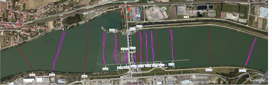 Fig. 14 : Relevés bathymétriques en amont et aval de l’ouvrage de Vaugris, projet Penelop - Source: CNR