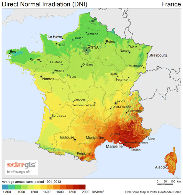 Fig. 8 : Cartographies d’irradiation solaire (DNI) pour la France