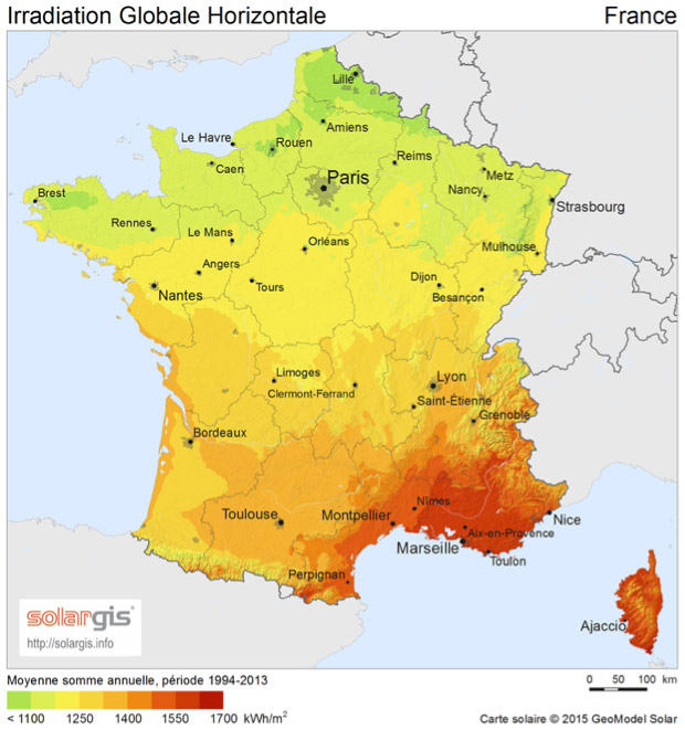Fig. 9 : Cartographies d’irradiation solaire (GHI) pour la France