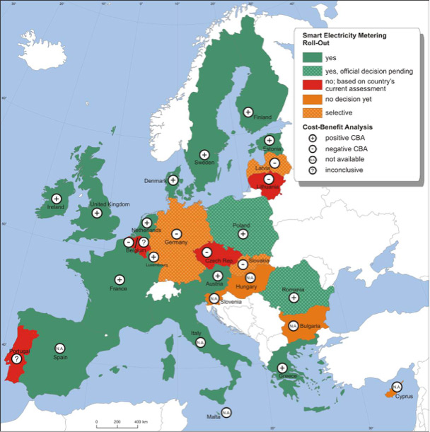 Fig. 4 : Déploiement des compteurs communicant en Europe. La carte indique les pays d’Europe pour lesquels l’analyse coût bénéfice s’est avérée positive (« positive CBA Cost Benefit Analysis »), et pour lesquels le plan de déploiement a été décidé, suite à cette analyse [1] selon une feuille de route de déploiement.