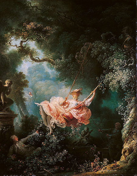 Fig. 2 : Les Hasards heureux de l’escarpolette, du peintre Fragonard. Quand la balançoire descend, l’énergie potentielle diminue et l’énergie cinétique augmente. C’est l’inverse quand la balançoire monte.