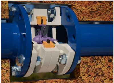 Fig. 4 : Intégration de la pico-turbine de Save Innovations au sein d'une canalisation Fig. 4 : Intégration de la pico-turbine de Save Innovations au sein d'une canalisation