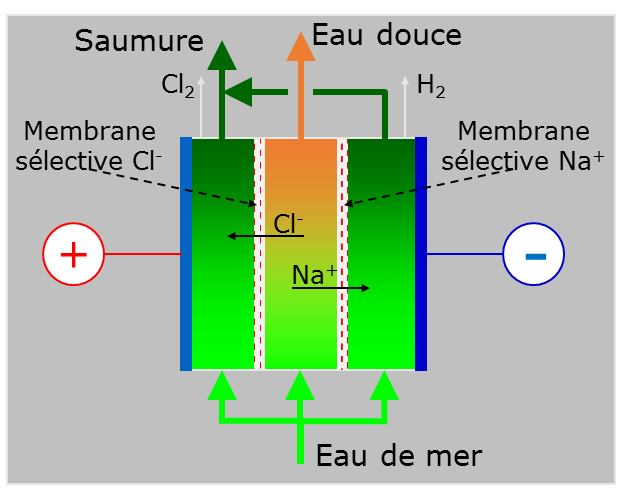 Fig. 25 : Principe de l’électrodialyse - source : Philippe Bandelier Encyclopédie énergie - dessalement - Principe de l’électrodialyse