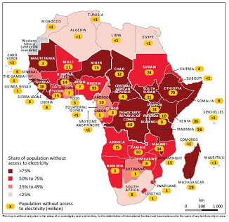 Fig. 2 : Non accès à l'électricité sur le continent africain, 2012. – Source : IEA, Africa Energy Outlook 2014. (https://www.iea.org/publications/freepublications/publication/WEO2014_AfricaEnergyOutlook.pdf) Encyclopedie energie - electrification Afrique Sub saharienne - non acces electricite afrique