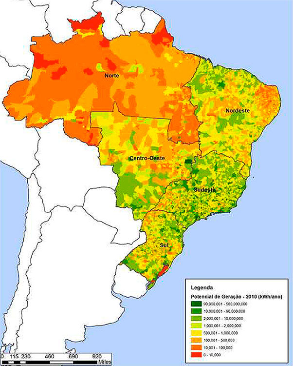 Fig. 7. Potencial econômico de geração de energia solar térmica unifamiliar em kWh/ano por município. Ano base do cálculo 2010 – Fonte : Cruz (2016).