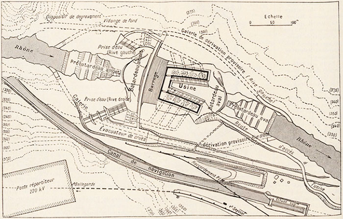 Fig. 7 : Vue en plan du projet CNR avec usine en fer à cheval – Source : Le Génie Civil n° 2881 du 30 octobre 1937