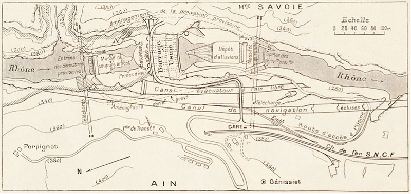 Fig. 9 : Plan d'ensemble du projet avec usine unique en pied de barrage – Source : Le Génie Civil n°2996 du 12 janvier 1940