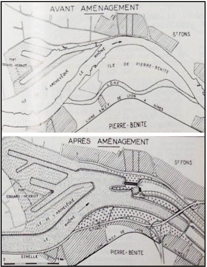 Fig. 2 : Le Rhône à Pierre-Bénite, avant et après aménagement. Source : Cazenave P. (1967). L’usine hydroélectrique de Pierre-Bénite, in revue Travaux, octobre 1967.