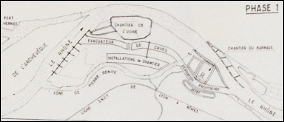 Fig. 3 : Dérivation du Rhône. Source : Cazenave P. (1967). L’usine hydroélectrique de Pierre-Bénite, in revue Travaux, octobre 1967.