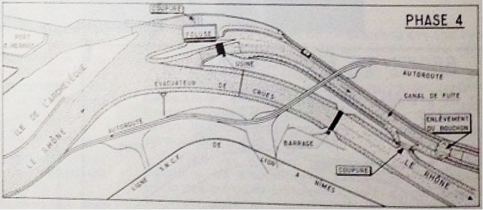 Fig. 9 : Coupure du Rhône. Source : Cazenave P. (1967). L’usine hydroélectrique de Pierre-Bénite, in revue Travaux, octobre 1967.