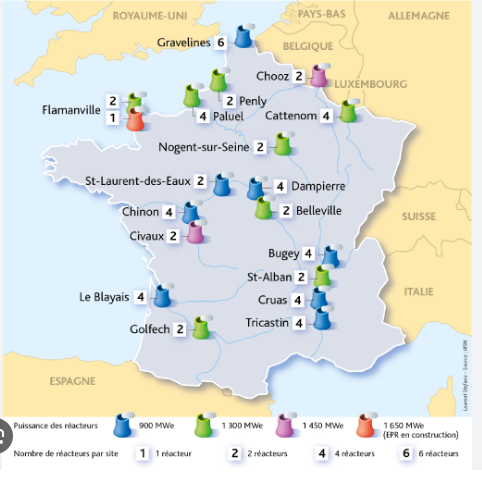 Figure 2 - Carte de l'implantation des sites d'EDF en France